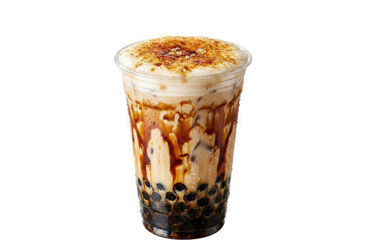 iced brown sugar boba milk tea with a caramelized torched foam topping in a plastic takeaway cup on transparent background