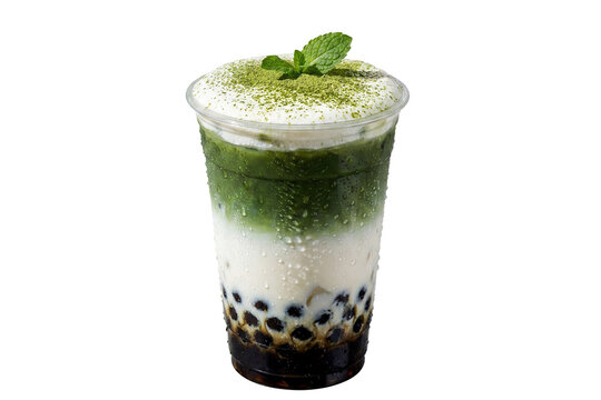 iced matcha boba milk tea with cheese foam topping and mint garnish on transparent background