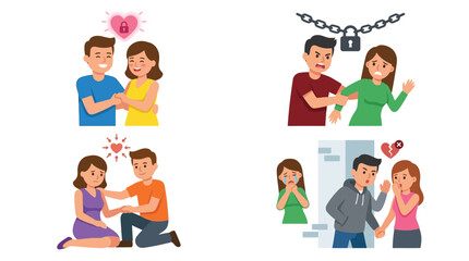 Fototapeta premium Illustrations depicting various emotional stages and dynamics in romantic relationships, from love and commitment to conflict, support, and heartbreak.