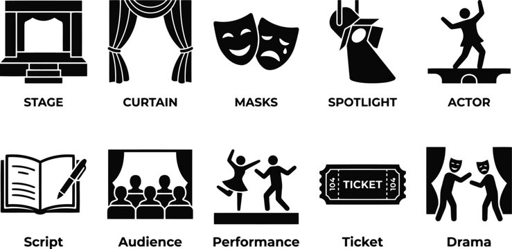 theater icons set, stage and performance symbols
