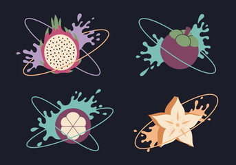 Set of Abstract Exotic Fruit Planet Illustrations - Dragon Fruit, Mangosteen, and Starfruit with Liquid Splashes and Orbital Rings in Retro Flat Design Style © novitasari