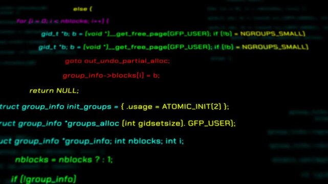 Close up of technical backend source code focusing on memory allocation and group information processing tasks.