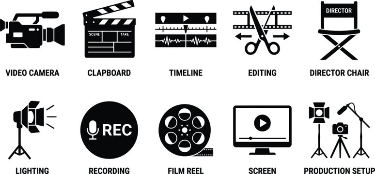 film production icons set, video making symbols