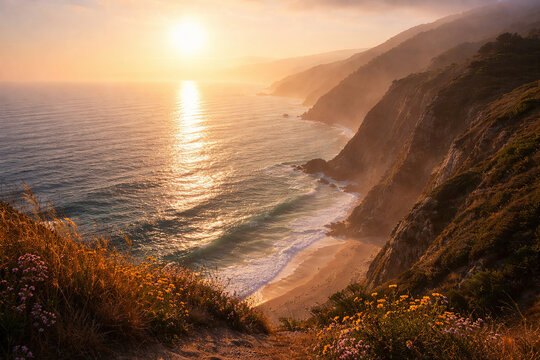 Scenic coastal cliffs illuminated by warm sunset light, ocean waves and dramatic landscape, travel and nature concept