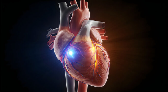 Human heart with pacemaker glowing inside