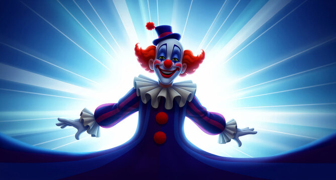 Cheerful cartoon clown smiling against a bright light burst. Character features red hair and traditional colorful circus outfit. Entertainment concept, ideal for kids party and event marketing.