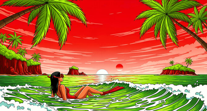 Woman in a red swimsuit and diving mask floats in green ocean waves. Tropical island scenery features palm trees and a red sunset sky. Retro comic art ideal for summer travel marketing campaigns.