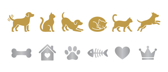 Fototapeta premium Dog and Cat Icons Set, Gold and Silver Pet Silhouettes with Animal Accessories for Veterinary, Pet Shop, Shelter and Grooming Branding, Isolated Graphic Vector Elements