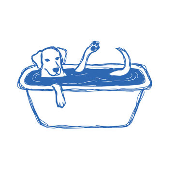 Dog relaxing in bathtub, simple line art illustration for bathroom decor, children posters, pet themed prints and playful lifestyle design projects.
