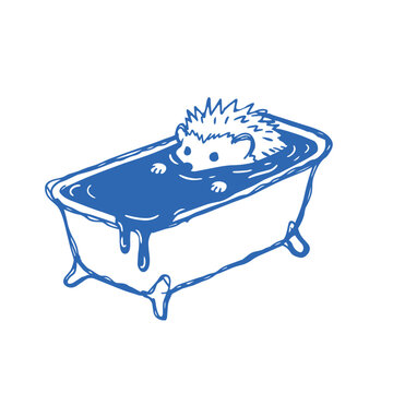 Hedgehog sitting in bathtub, simple line art illustration for bathroom decor, children posters, nursery prints and playful lifestyle design projects.