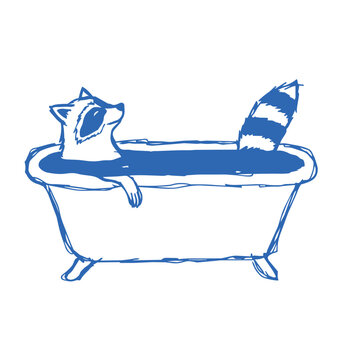 Raccoon relaxing in bathtub, simple line art illustration for bathroom decor, children posters, nursery prints and playful lifestyle design projects.
