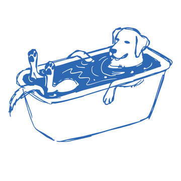 Dog relaxing in bathtub, simple line art illustration for bathroom decor, children posters, pet themed prints and playful lifestyle design projects.