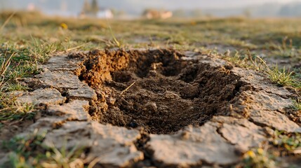 Fototapeta premium Dried earth crackles under soft morning light. Shallow hole reveals dark, moist soil