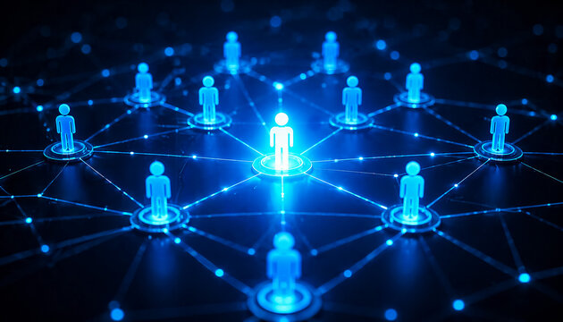 A centralized glowing figure connects to a network of blue human icons, symbolizing global community and social networking.