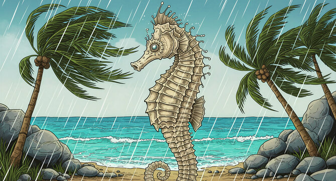 Giant seahorse standing on a tropical beach during a rainstorm. Palm trees bend in the wind as ocean waves crash against the shore. Surreal marine art ideal for creative fantasy storytelling.