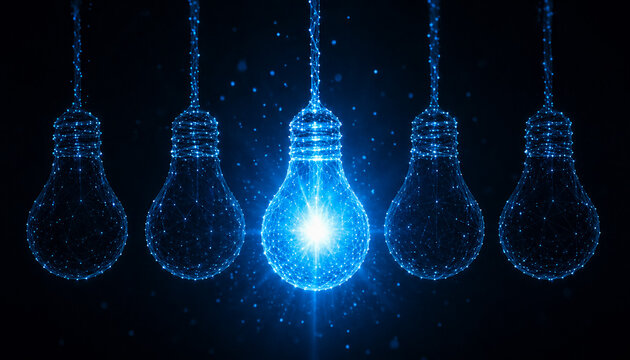 A single glowing blue light bulb shines brightly amidst a row of dark, unlit bulbs in a digital conceptual rendering.