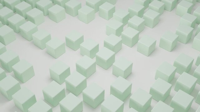 Abstract 3D Scene of Pale Green Solid Cubes Distributed in Minimal Composition on White Background Clean Geometric Style for Modern Design Branding and Digital Media Use