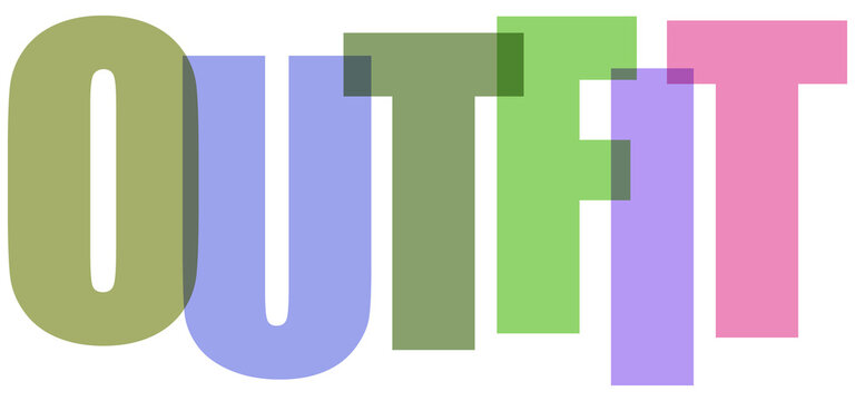 The word outfit composed of overlapping transparent colored letters isolated on transparent background