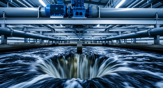 Water flows through a large industrial treatment tank whirlpool. Modern pipes and machinery sit above the swirling filtration system. Environmental engineering concept for utility marketing.