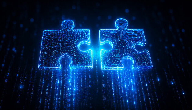 Two interconnected glowing blue digital puzzle pieces symbolize partnership, collaboration, and problem-solving in a technological context.