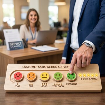 A businessman selecting the five-star excellent feedback rating from a row of wooden customer tokens.