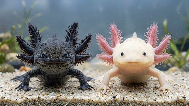 Two adorable axolotls resting underwater on sandy substrate in freshwater aquarium