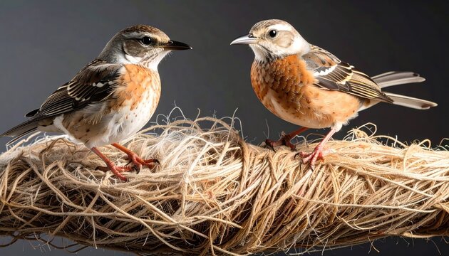 Two small birds perched on twig nest in peaceful natural habitat
