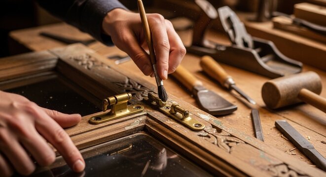 Woodworker cleaning antique wooden frame with small brush in workshop. Craftsman restoring vintage furniture detail. Restoration process of wooden object, manual labor and craft.