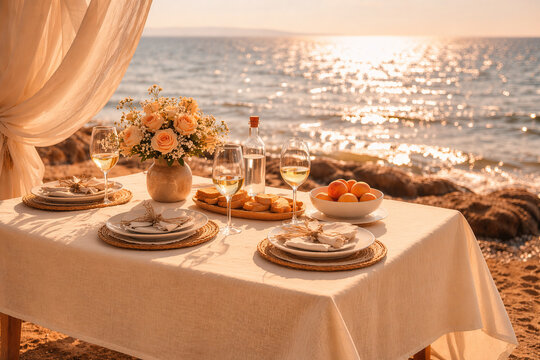 Elegant seaside dinner setup with wine, flowers and warm sunset light over ocean