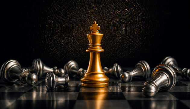 A magnificent golden king chess piece stands victorious and prominent amidst an array of defeated silver pawns on a dark chessboard.