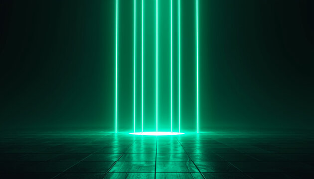 Five intense glowing green laser beams descend dramatically onto a reflective dark floor, creating a futuristic light show.