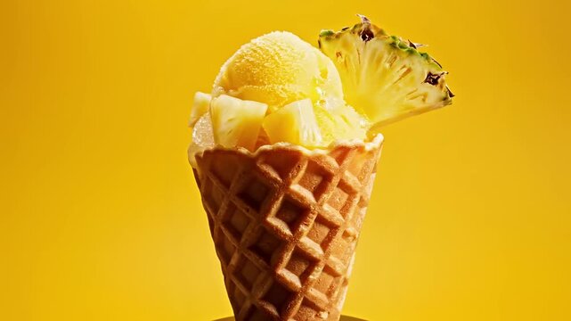 Delicious Pineapple Ice Cream Cone on Yellow Background.