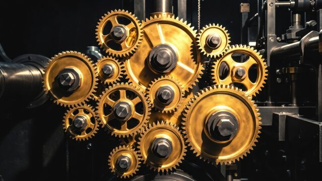 Polished gear wheels engaging on vintage industrial engine frame