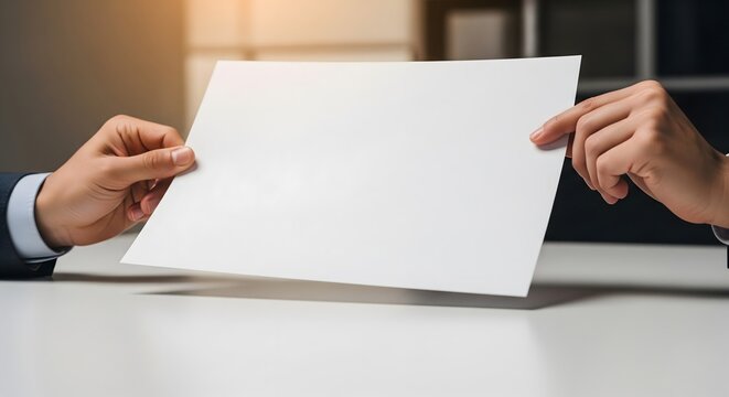 Two hands, one in a suit, exchanging a blank white sheet of paper over a desk, symbolizing agreement, contract, or information transfer.