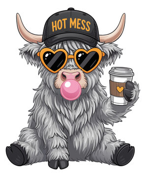A cartoon illustration of a cute Highland cow wearing a black baseball cap with yellow text "HOT MESS" and heart-shaped orange sunglasses