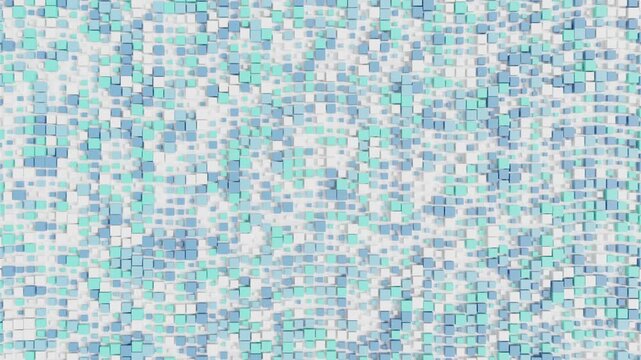 Abstract 3D Azure Cube Grid Flowing in Dynamic Wave Formation Across Minimal White Surface Futuristic Motion Background for Creative Design Presentations and Digital Content Production