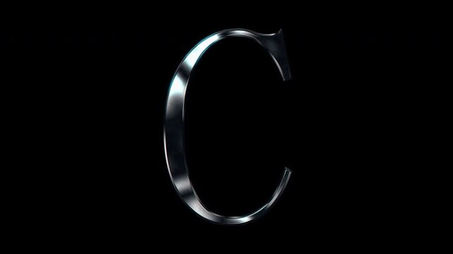 Silver metallic Capital letter "C". Alpha channel. Serif font. Seamless loop video.