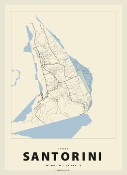 Santorini Greece Minimal City Map Poster Vintage Retro Travel Print