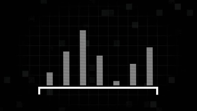 Irregular white bar chart with varied heights on dark grid. White bar chart graph statistics. Professional white bar chart for data analysis and business metric visualization.