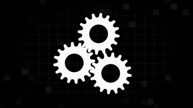 Three interlocking white gears on dark grid background. Interlocking white gears cogs machinery. Professional interlocking white gears for industrial and mechanical concepts.