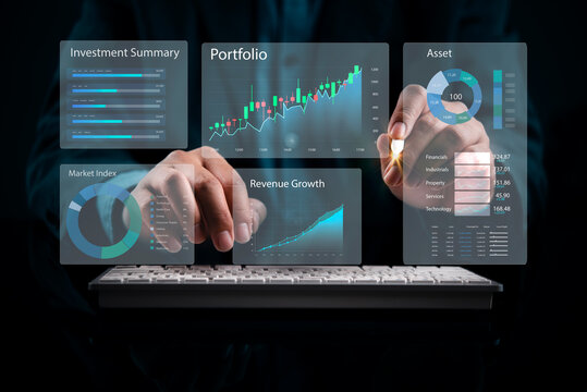 Analyzing financial portfolio dashboard businessman touching virtual screen holographic chart wealth management investment summary asset allocation data analytics fintech interactive HUD interface