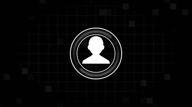 White user profile icon within a circle on dark grid. User profile icon person symbol. Professional user profile icon for digital interface and account management visuals.