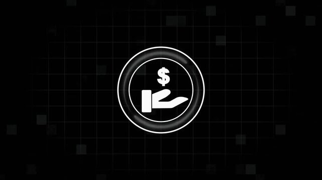 White hand holding dollar sign icon within circles. Dollar sign icon finance symbol. Professional dollar sign icon for banking and international investment conceptual visuals.