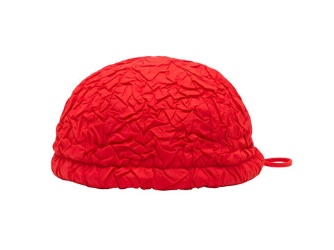 Crumpled red nylon beanie hat with small pull tab isolated on white background transparent background
