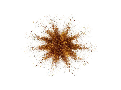 Brown spice explosion on white background with particles flying apart radially transparent background