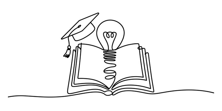Continuous single line drawing of an open book with a graduation cap and a light bulb idea symbol representing education and knowledge Vector, illustration