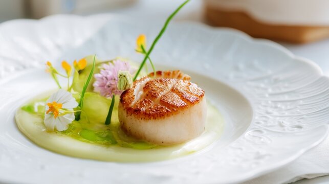 Gourmet dish featuring seared scallops presented on a decorative plate with edible flowers and vibrant green puree creating an exquisite culinary masterpiece. Generative AI
