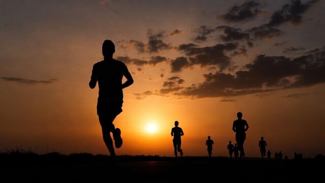 Group runners silhouetted running along coastline at sunset