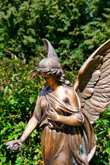 schöner großer Bronzeengel mit einer Rose in der Hand auf einem Friedhof in Köln © Blende8