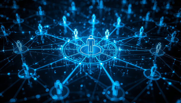 Connected human icons form a glowing blue digital network with a central figure representing leadership or connection.